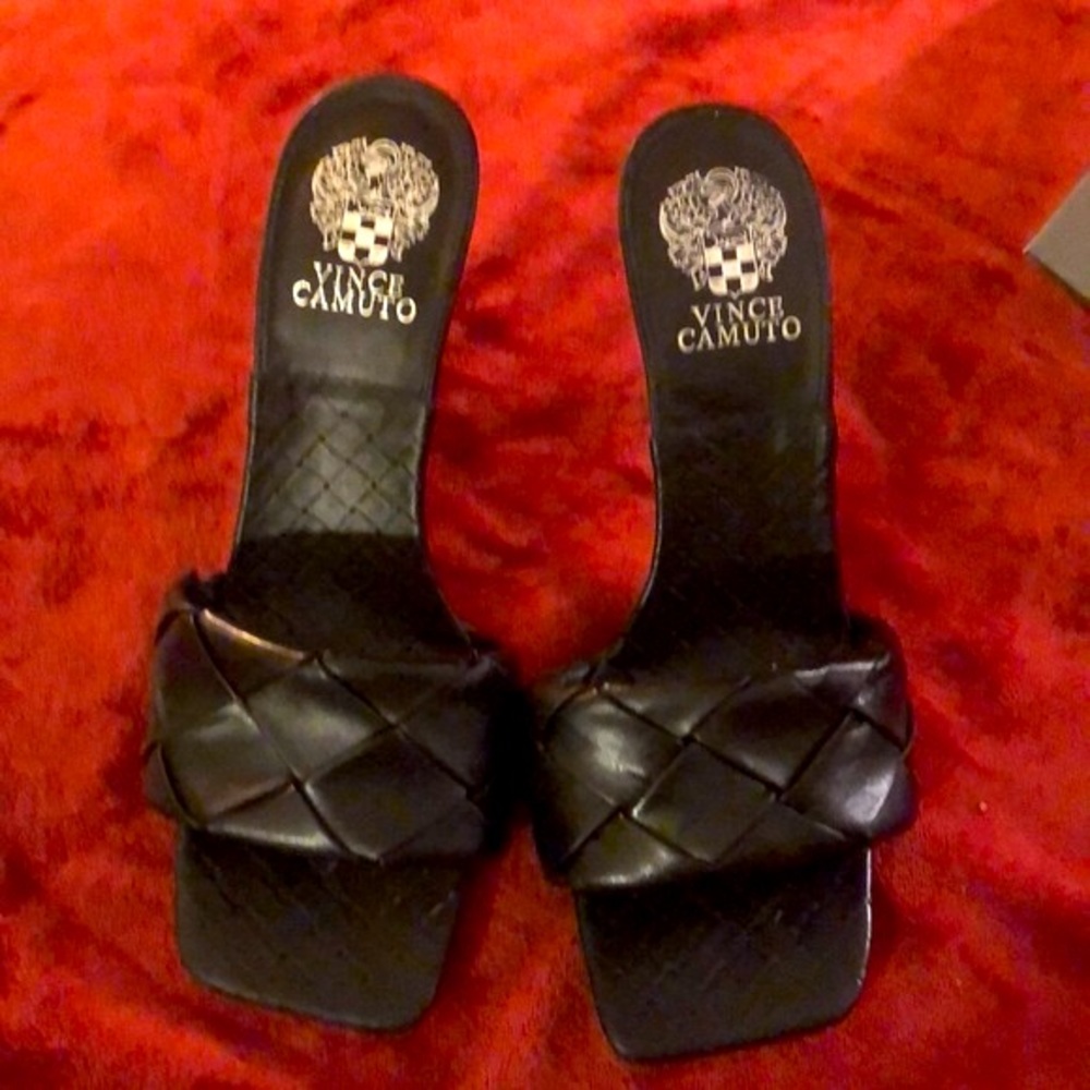 Vince Camuto Black Woven Leather Slide Sandals